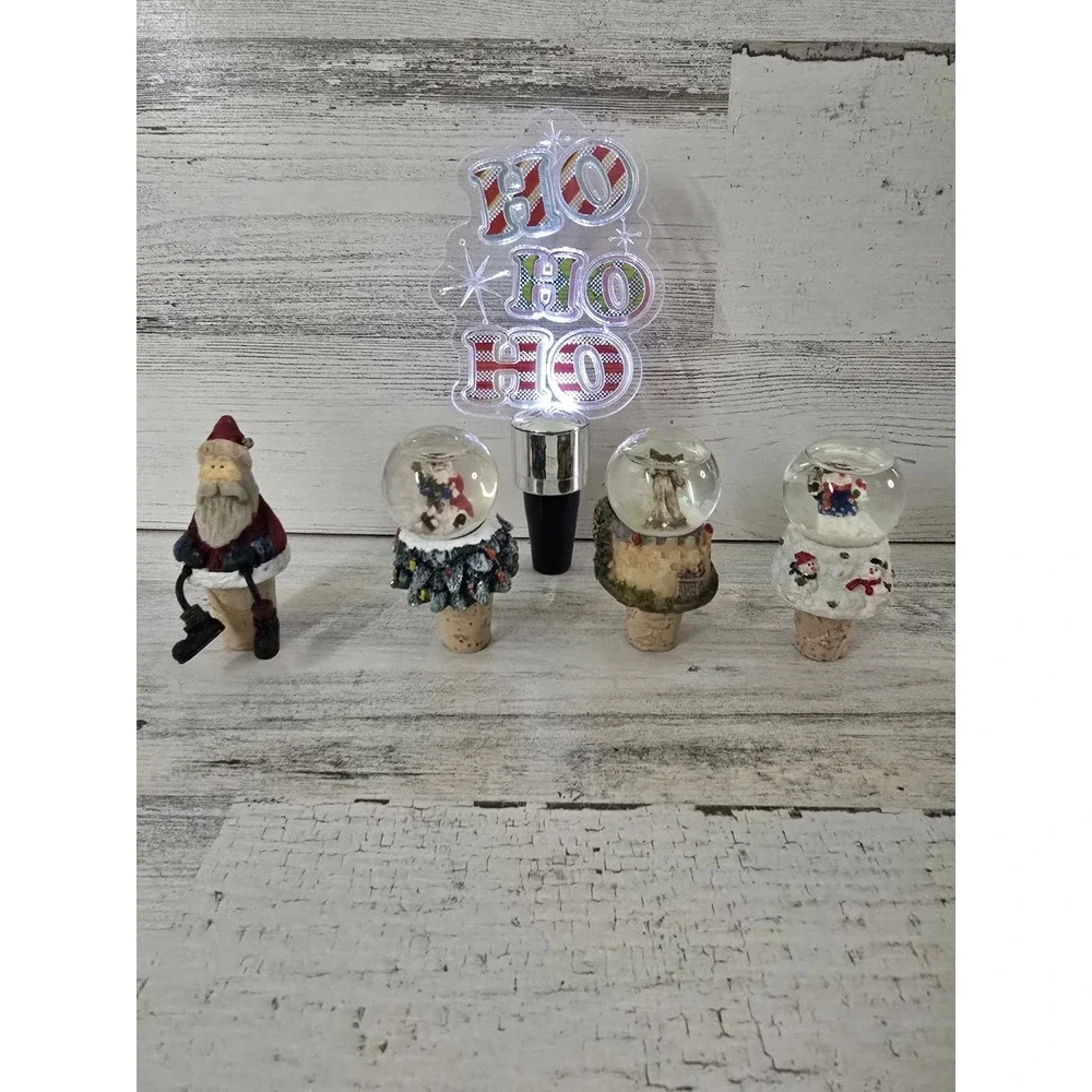 Christmas Wine Bottle Stopper Set 5pc Snow Globe Santa Nativity Light Up Holiday